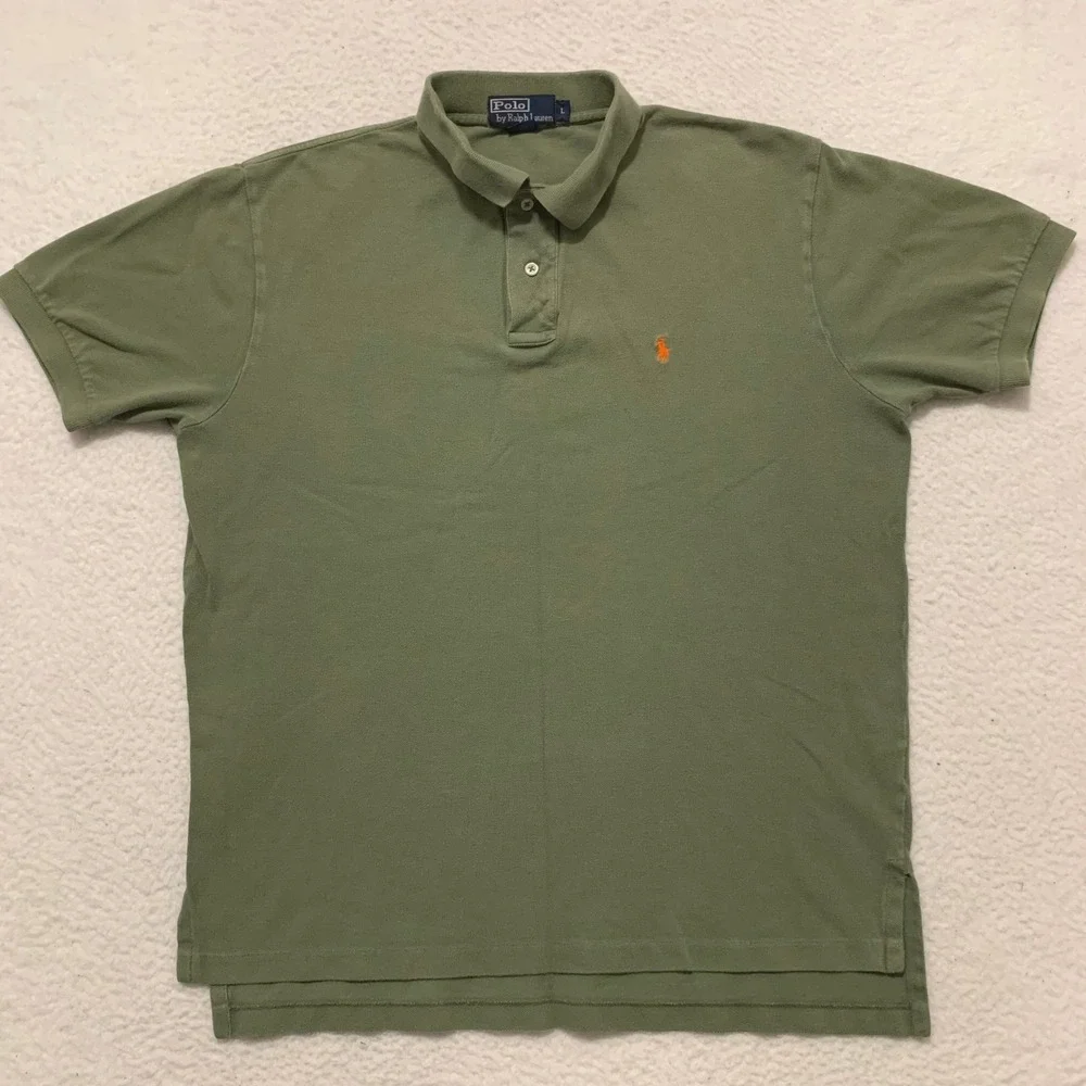 VTG Polo Ralph Lauren Polo Shirt Mens L Orange Pony Cotton Pique Olive Green 90s